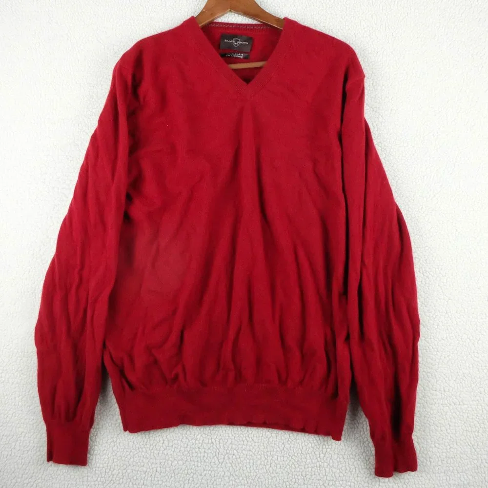 Black Brown Sweater Mens Large Red Cashmere Lightweight V Neck Preppy - Picture 1 of 12